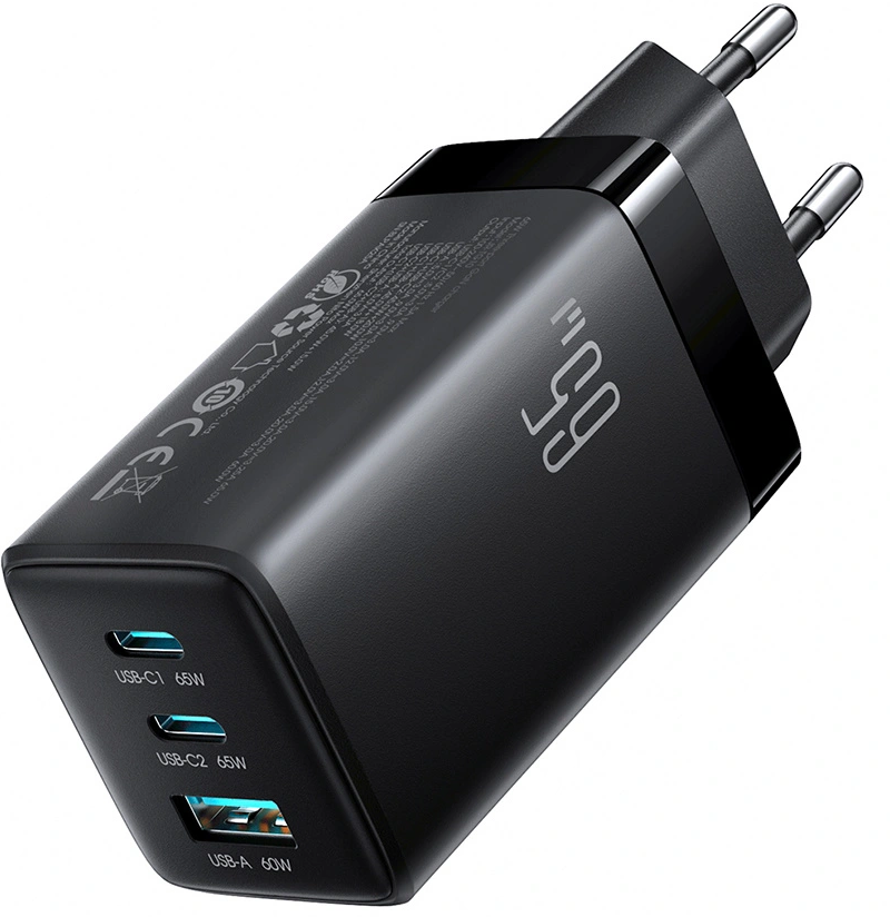 Ładowarka sieciowa z kablem USB-C Joyroom JR-TG10, 65W, 3,25A, 1 x USB-A - 2 x USB-C, czarna