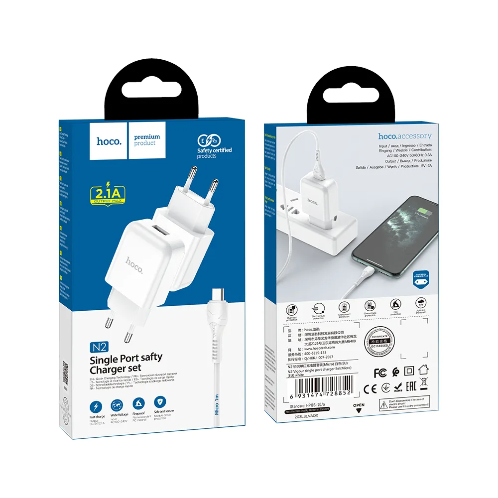 Ładowarka sieciowa z kablem microUSB HOCO N3, 18W, 3A, 1 x USB-A, Biała