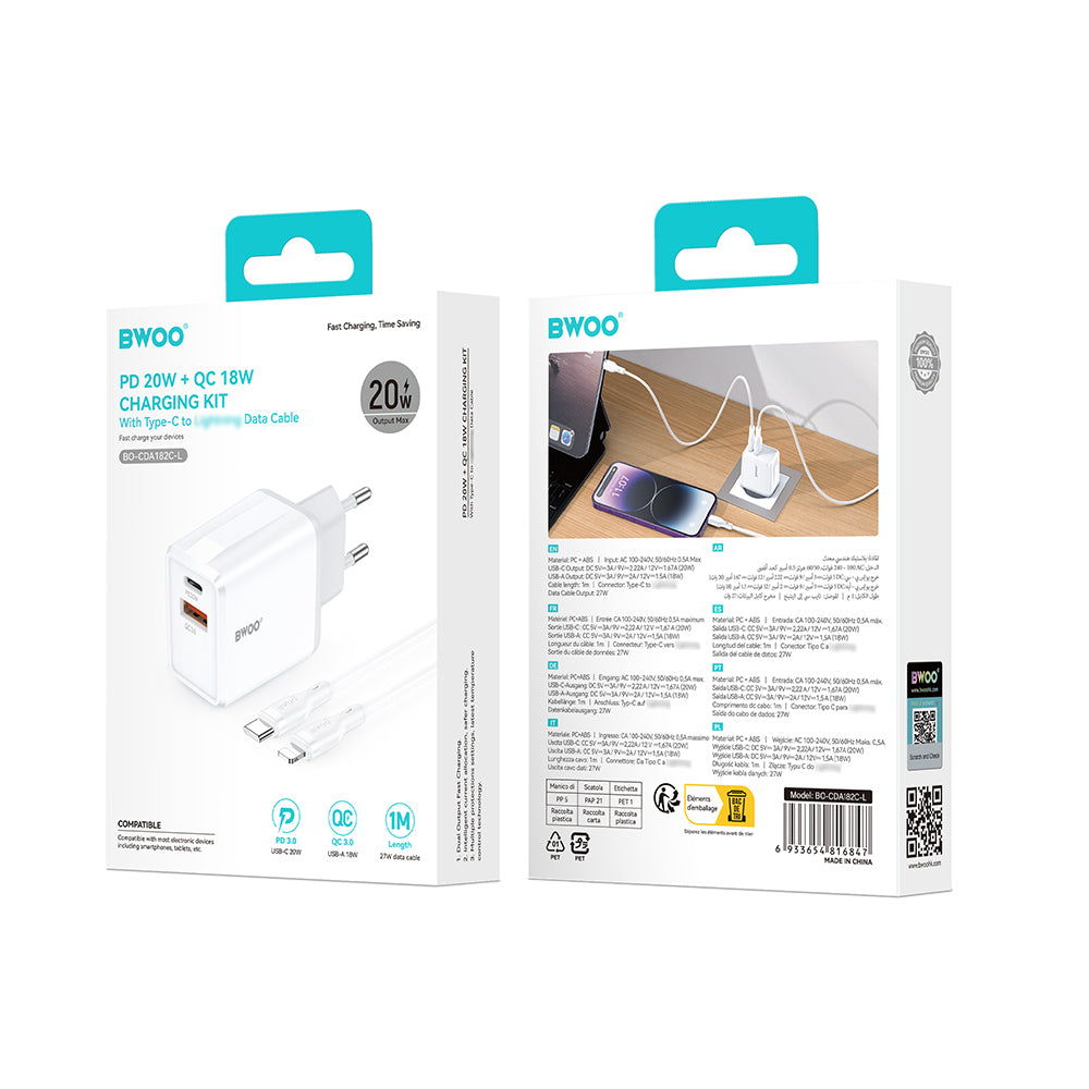 Ładowarka sieciowa z kablem Lightning BWOO CDA182, 38W, 3A, 1 x USB-A - 1 x USB-C, biały