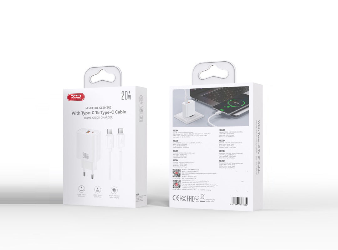 Ładowarka sieciowa z kablem USB-C XO Design CE40, 20W, 3A, 1 x USB-A - 1 x USB-C, biały