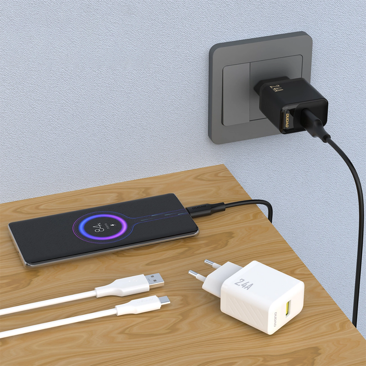 Ładowarka sieciowa z kablem USB-C Dudao A23TEU, 12W, 2.4A, 1 x USB-A, biały