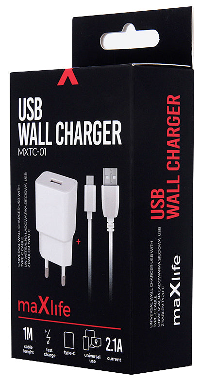 Ładowarka sieciowa z kablem USB-C MaXlife MXTC-01, 10,5W, 2,1A, 1 x USB-A, biały