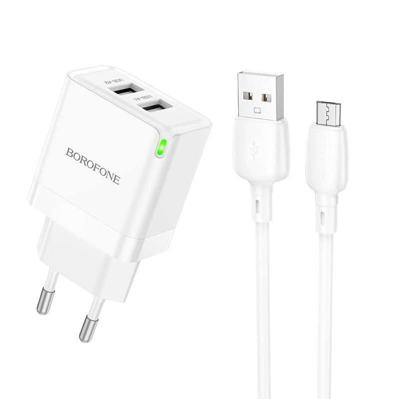 Ładowarka sieciowa z kablem microUSB Borofone BN15 Strong, 10,5 W, 2,1 A, 2 x USB-A, biała 