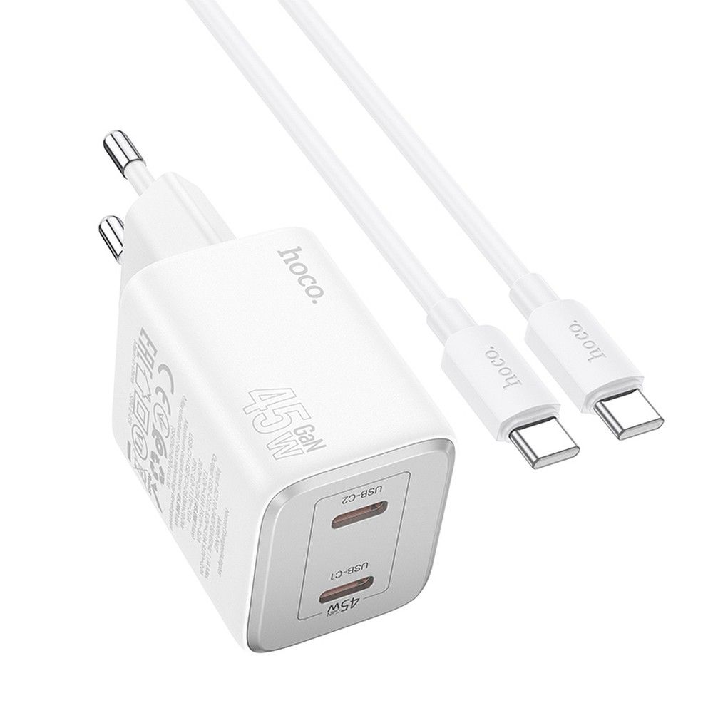 Ładowarka sieciowa z kablem USB-C HOCO N42, 45W, 3A, 2 x USB-C, biała 