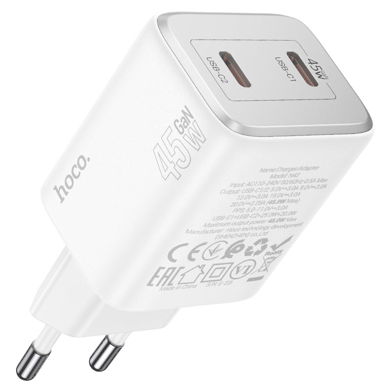 Ładowarka sieciowa z kablem Lightning HOCO N42, 45W, 3A, 2 x USB-C, biała 