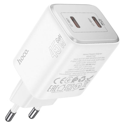 Ładowarka sieciowa z kablem Lightning HOCO N42, 45W, 3A, 2 x USB-C, biała 