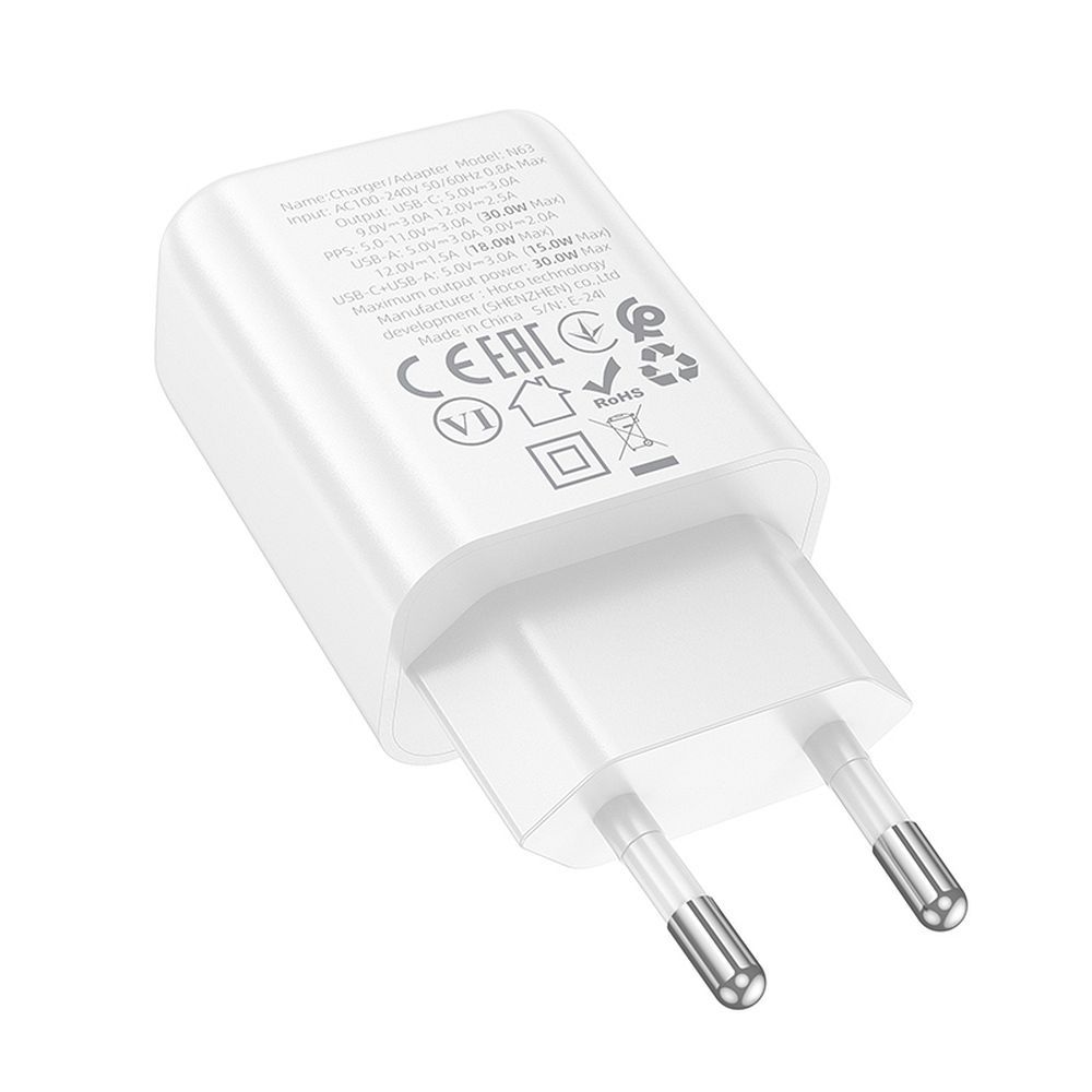 Ładowarka sieciowa HOCO N63, 30W, 3A, 1 x USB-A - 1 x USB-C, Biała