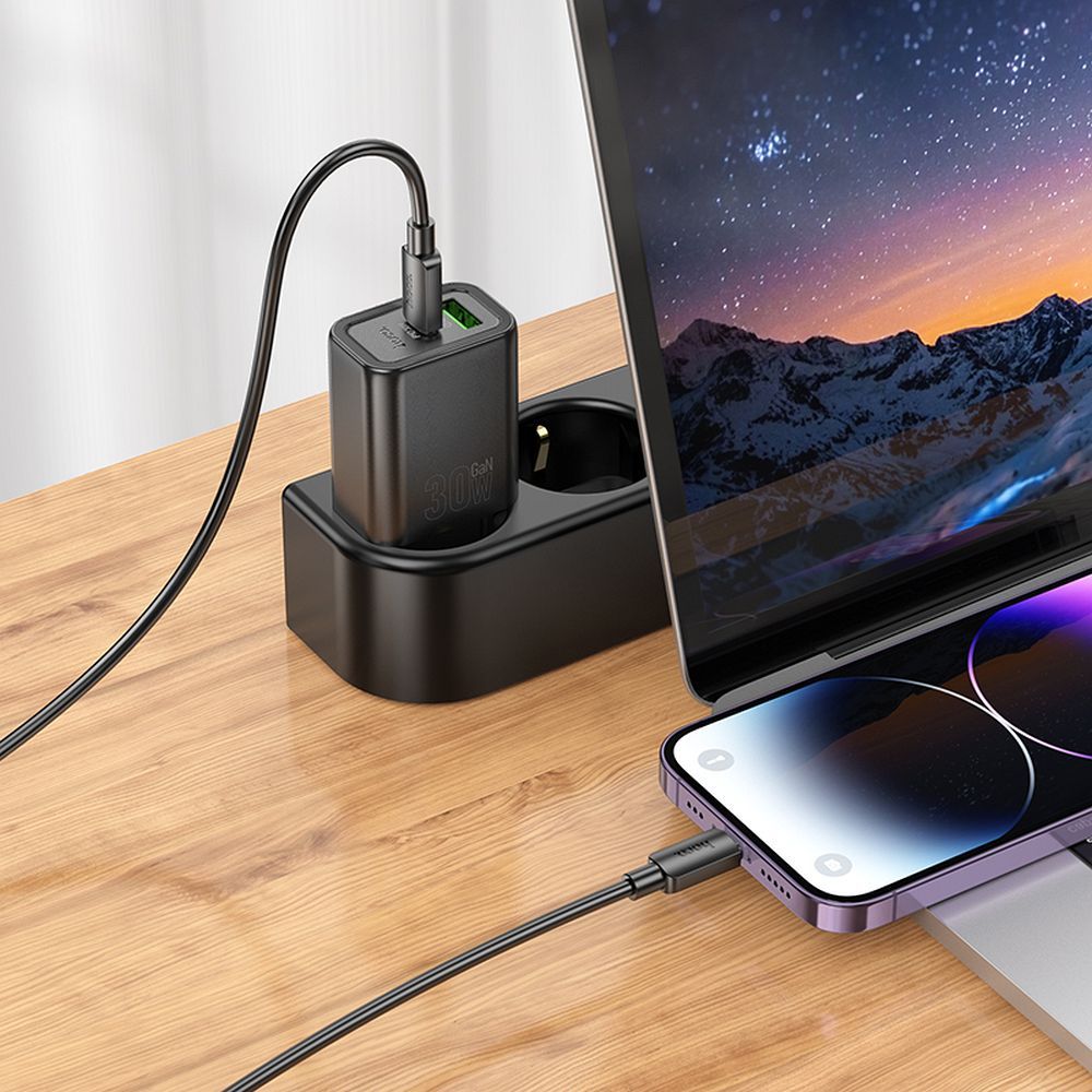 Ładowarka sieciowa z kablem Lightning HOCO N63, 30W, 3A, 1 x USB-A - 1 x USB-C, Czarny