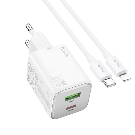 Ładowarka sieciowa z kablem Lightning HOCO N41, 20W, 3A, 1 x USB-A - 1 x USB-C, Biała