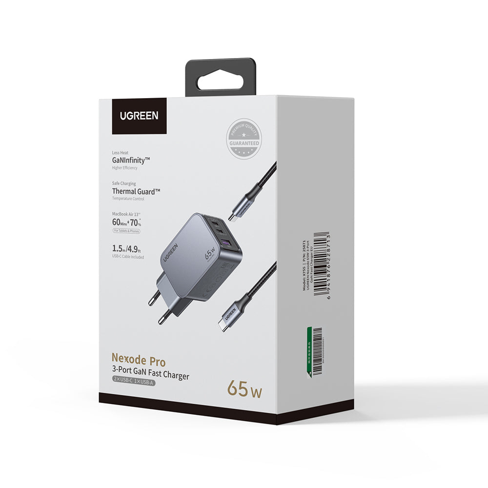 Ładowarka sieciowa z kablem USB-C UGREEN X755 Nexode Pro, 65W, 3A, 1 x USB-A - 2 x USB-C, Szara