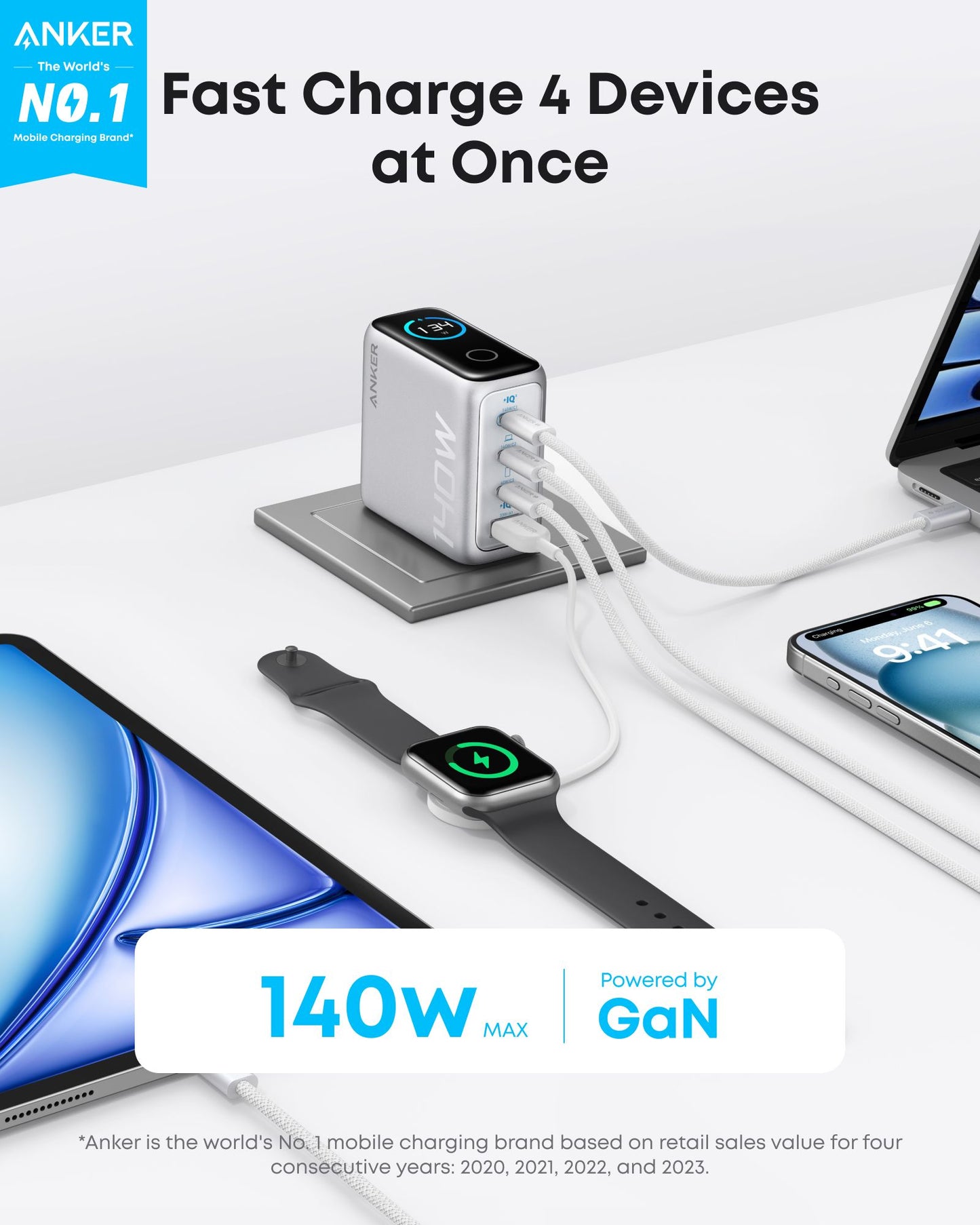 Ładowarka Sieciowa z Kablem USB-C Anker Zolo, 140W, 5A, 1 x USB-A - 3 x USB-C, Srebrna B2697G41