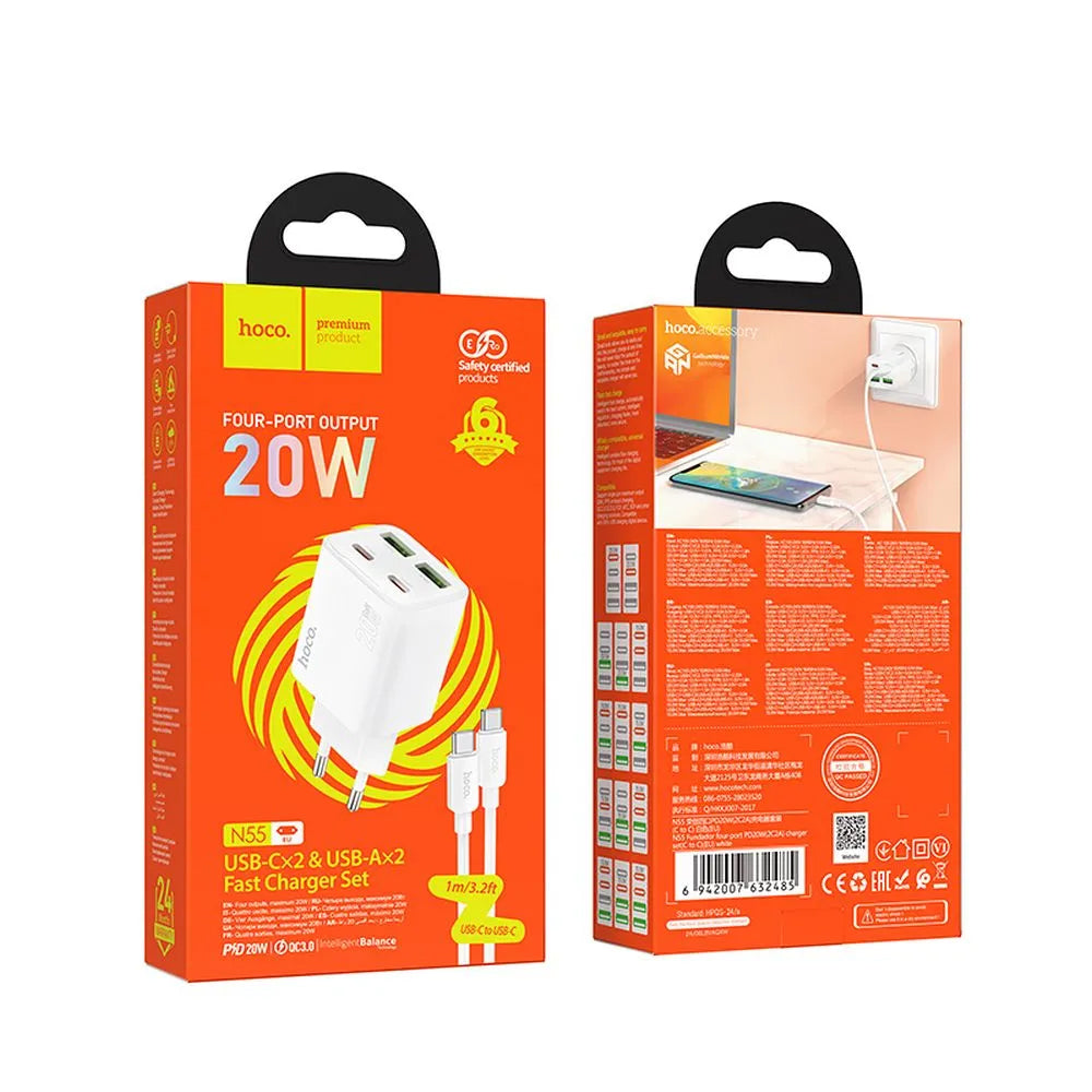Ładowarka sieciowa z kablem USB-C HOCO N55, 20W, 3A, 2 x USB-A - 2 x USB-C, Biała