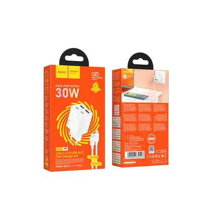 Ładowarka sieciowa z kablem USB-C HOCO N56, 30W, 3A, 2 x USB-A - 2 x USB-C, Biała