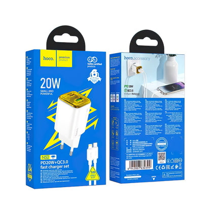 Ładowarka sieciowa z kablem Lightning HOCO N52, 20W, 3A, 1 x USB-A - 1 x USB-C, Biała