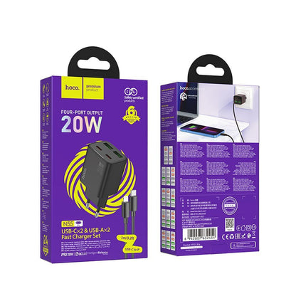 Ładowarka sieciowa z kablem Lightning HOCO N55, 20W, 3A, 2 x USB-A - 2 x USB-C, Czarny