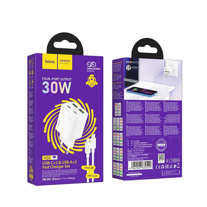 Network Charger with Lightning Cable HOCO N56, 30W, 3A, 2 x USB-A - 2 x USB-C, White