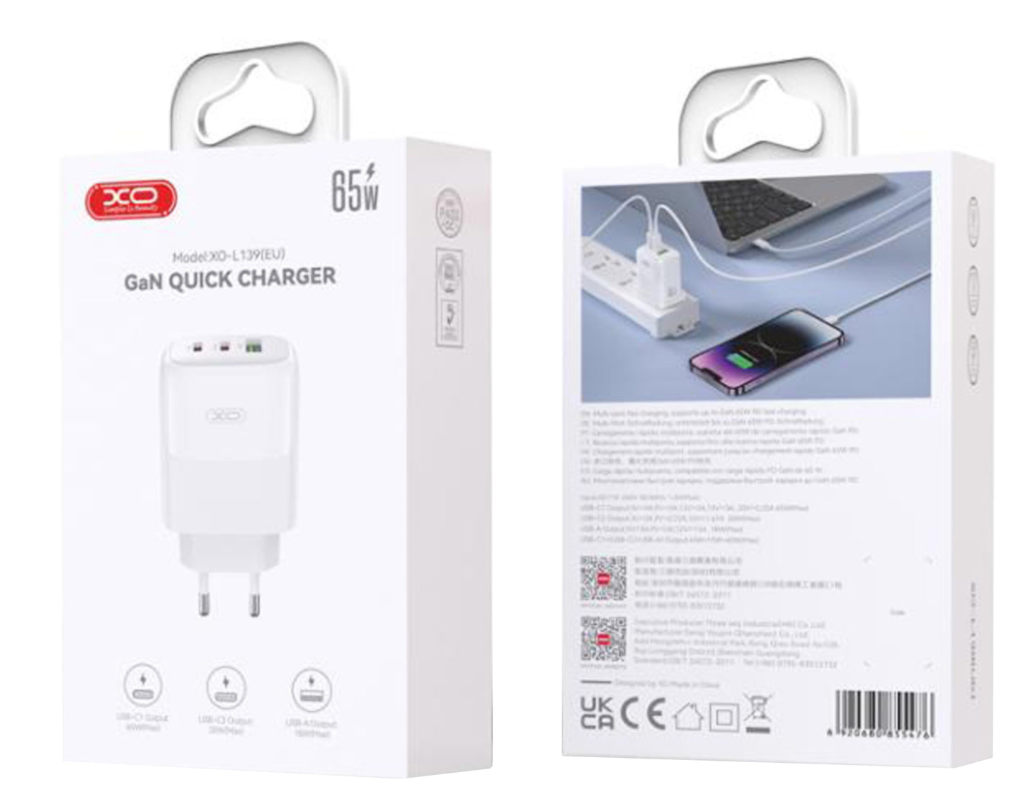 Ładowarka sieciowa z kablem USB-C XO Design L139, 65W, 4.5A, 1 x USB-A - 2 x USB-C, Biała