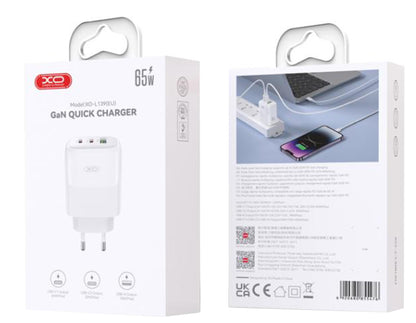 Ładowarka sieciowa z kablem USB-C XO Design L139, 65W, 4.5A, 1 x USB-A - 2 x USB-C, Biała
