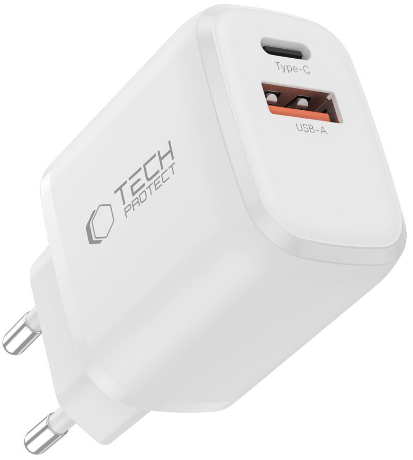 Ładowarka sieciowa z kablem USB-C Tech-Protect NCA20, 20W, 3A, 1 x USB-A - 1 x USB-C, biały