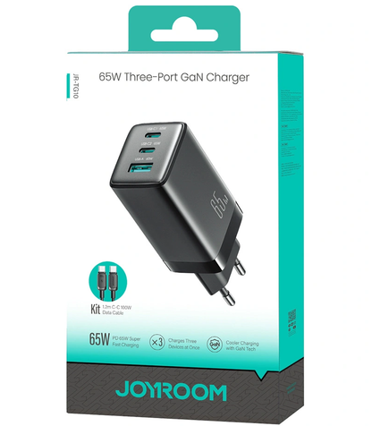 Ładowarka sieciowa z kablem USB-C Joyroom JR-TG10, 65W, 3,25A, 1 x USB-A - 2 x USB-C, czarna