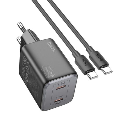 Ładowarka sieciowa z kablem USB-C HOCO N42, 45W, 3A, 2 x USB-C, czarna 