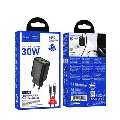 Ładowarka sieciowa z kablem Lightning HOCO N63, 30W, 3A, 1 x USB-A - 1 x USB-C, Czarny