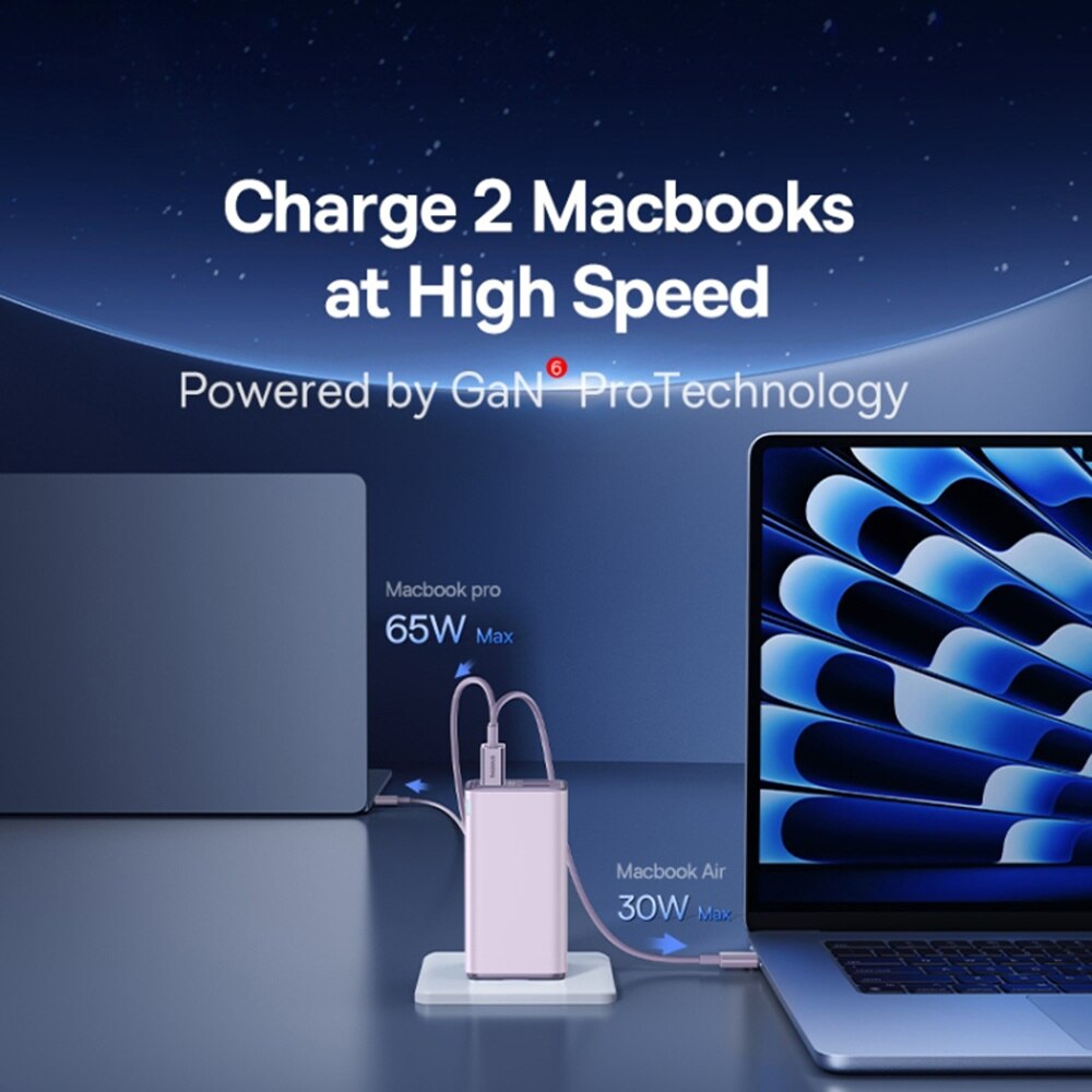 Ładowarka sieciowa z kablem USB-C Baseus GaN6 Pro, 100W, 3.25A, 2 x USB-A - 2 x USB-C, Fioletowy P10162705532-00