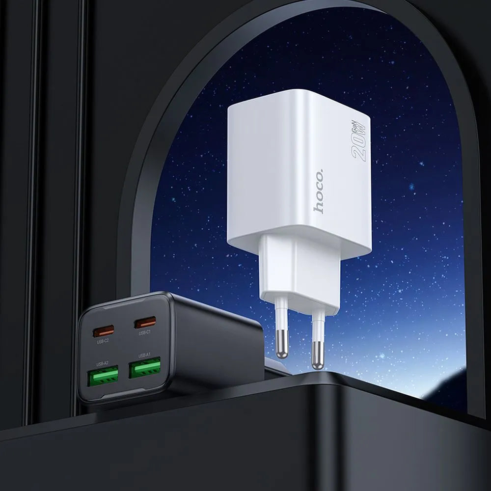 Ładowarka sieciowa z kablem USB-C HOCO N55, 20W, 3A, 2 x USB-A - 2 x USB-C, Biała