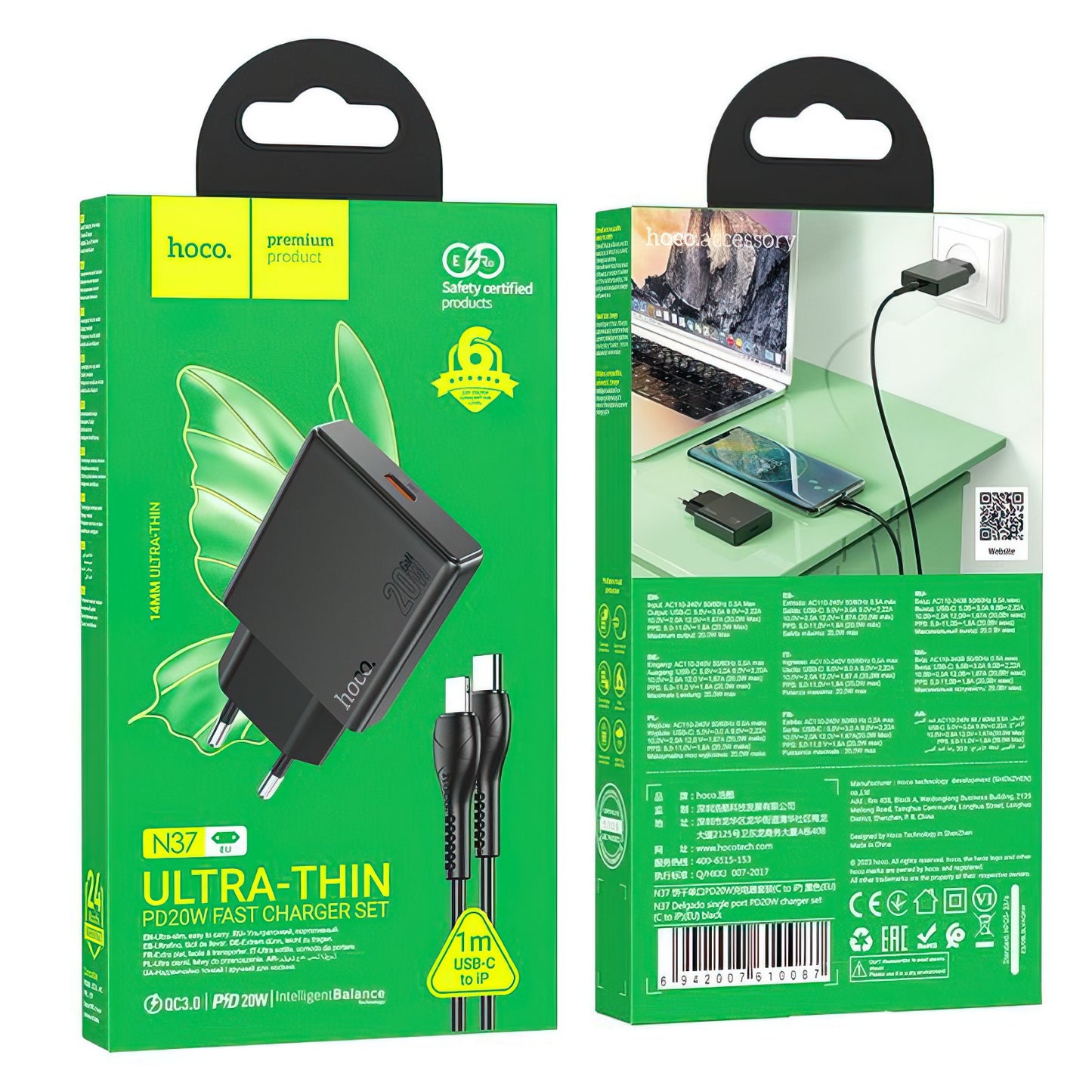 Ładowarka sieciowa z kablem Lightning HOCO N37, 30W, 3A, 1 x USB-C, Czarna