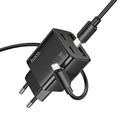 Ładowarka sieciowa z kablem Lightning HOCO N55, 20W, 3A, 2 x USB-A - 2 x USB-C, Czarny