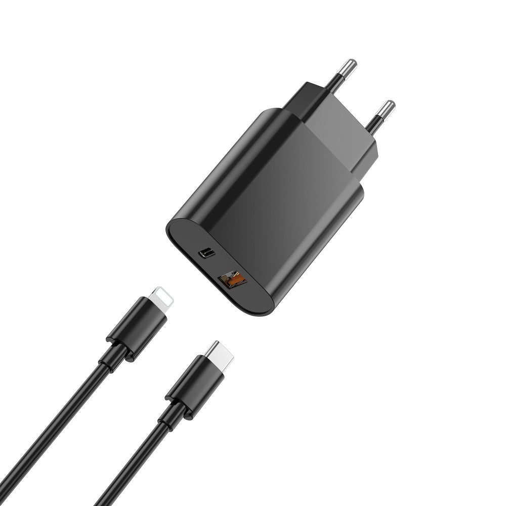 Ładowarka sieciowa z kablem Lightning WiWu Wi-U002, 20W, 3A, 1 x USB-A - 1 x USB-C, Czarny