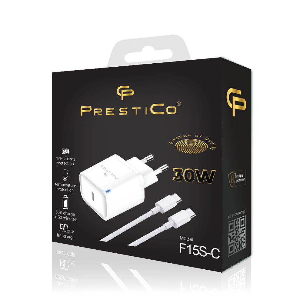 Ładowarka sieciowa z kablem USB-C Prestico F15S-C, 30W, 3A, 1 x USB-C, Biała