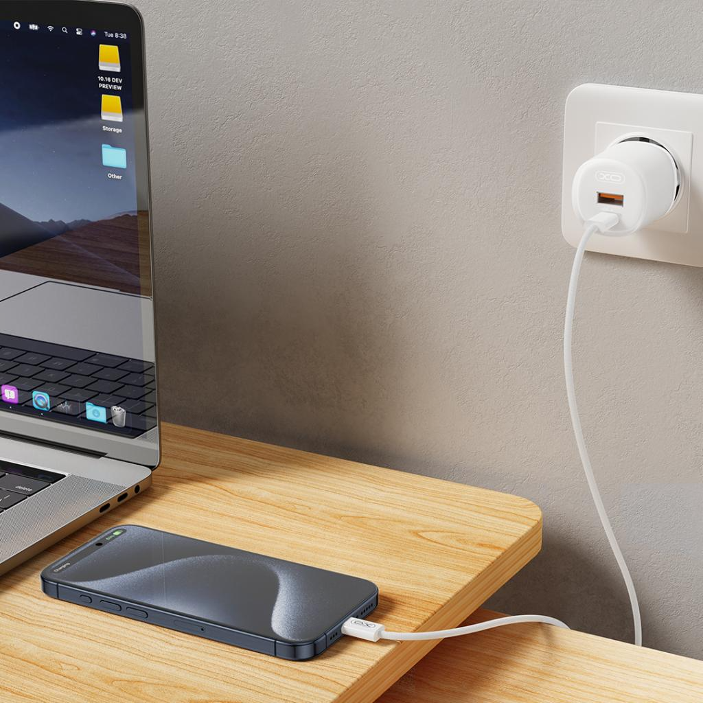 Ładowarka sieciowa z kablem USB-C XO Design L151, 30W, 3A, 1 x USB-A - 1 x USB-C, Biała