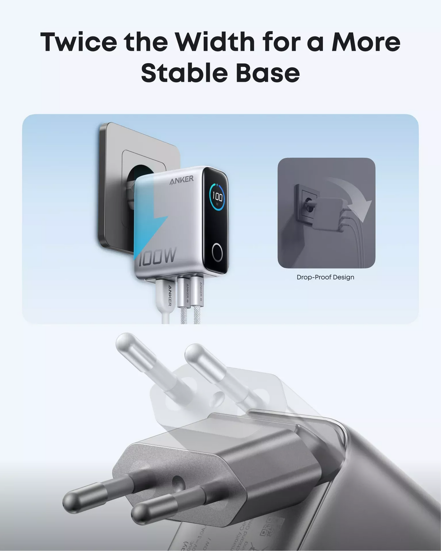 Ładowarka sieciowa z kablem USB-C Anker Smart Display, 100W, 5A, 1 x USB-A - 2 x USB-C, Srebrna B121BG41