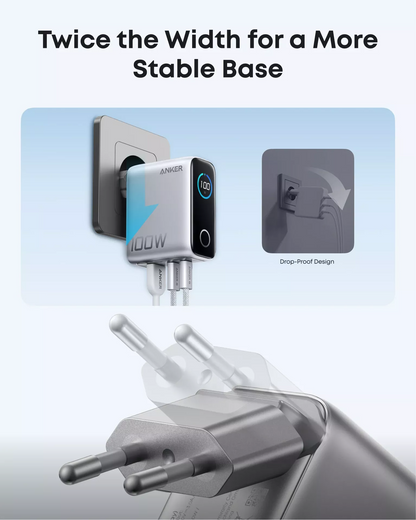 Ładowarka sieciowa z kablem USB-C Anker Smart Display, 100W, 5A, 1 x USB-A - 2 x USB-C, Srebrna B121BG41