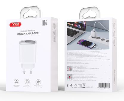 Ładowarka sieciowa z kablem USB-C XO Design CE19, 18W, 3A, 1 x USB-A, Biała