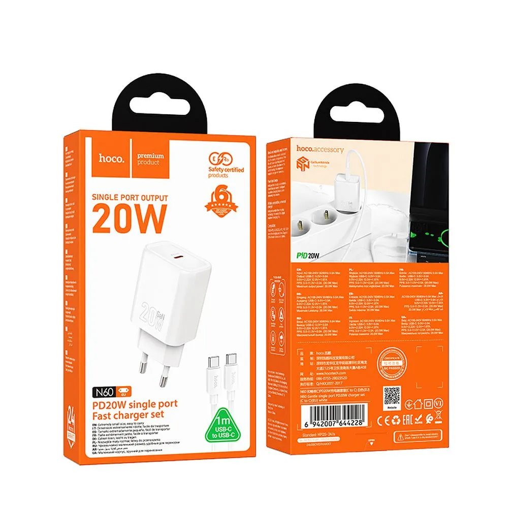 Ładowarka sieciowa z kablem Lightning HOCO N60, 20W, 3A, 1 x USB-C, Biała