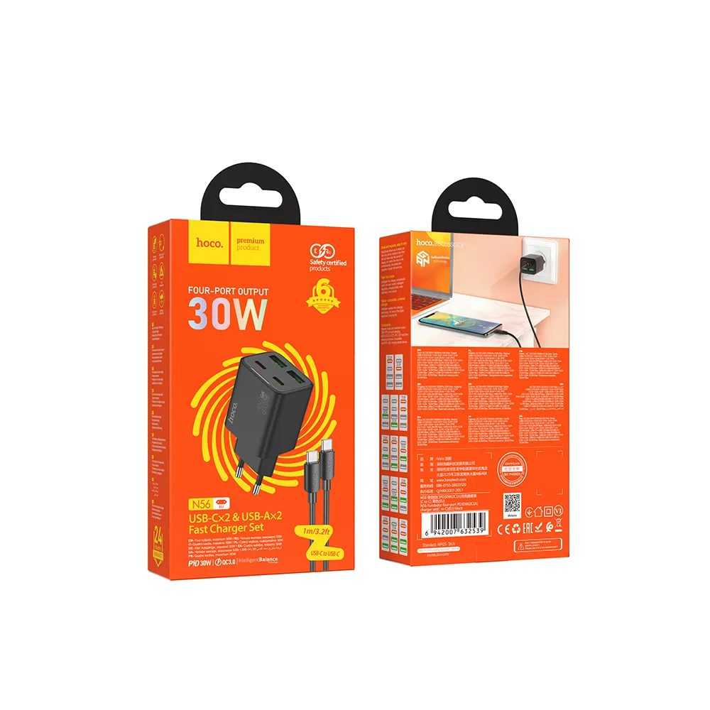 Ładowarka sieciowa z kablem USB-C HOCO N56, 30W, 3A, 2 x USB-A - 2 x USB-C, Czarny