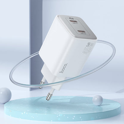 Ładowarka sieciowa z kablem Lightning HOCO N42, 45W, 3A, 2 x USB-C, biała 