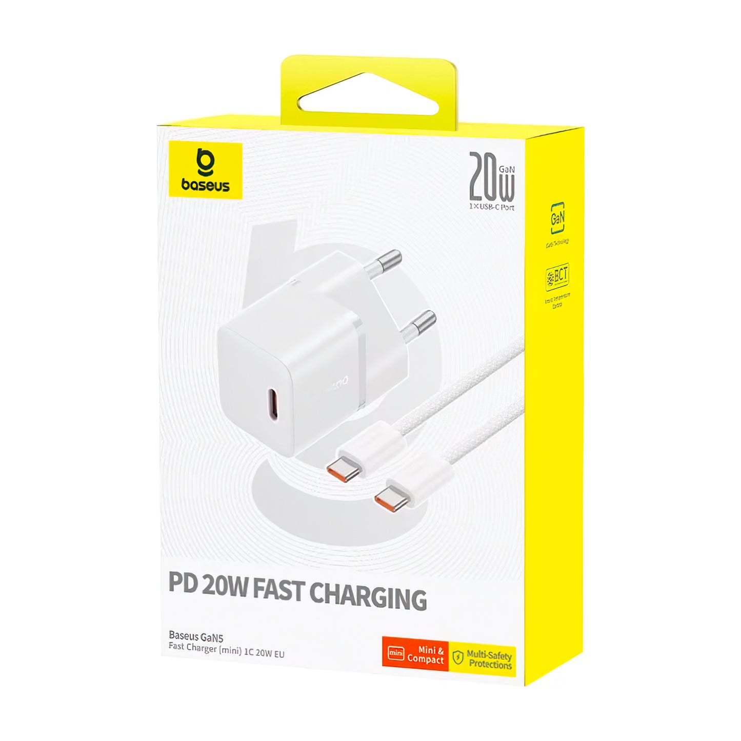 Ładowarka sieciowa z kablem USB-C Baseus GaN5, 20W, 3A, 1 x USB-C, Biała P10110900213-01