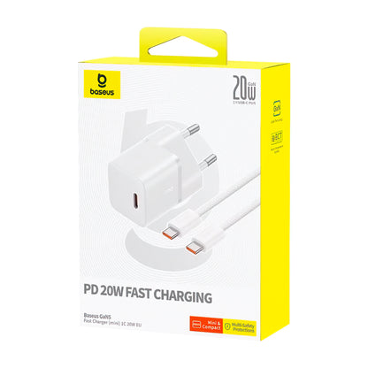 Ładowarka sieciowa z kablem USB-C Baseus GaN5, 20W, 3A, 1 x USB-C, Biała P10110900213-01