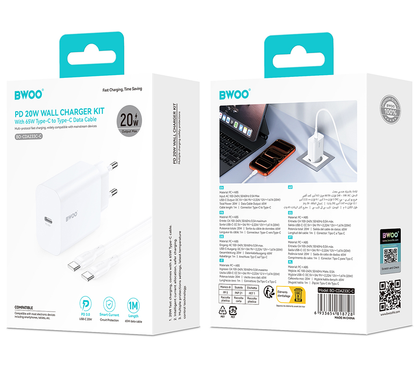 Ładowarka sieciowa z kablem USB-C BWOO CDA233, 20W, 3A, 1 x USB-C, Biała