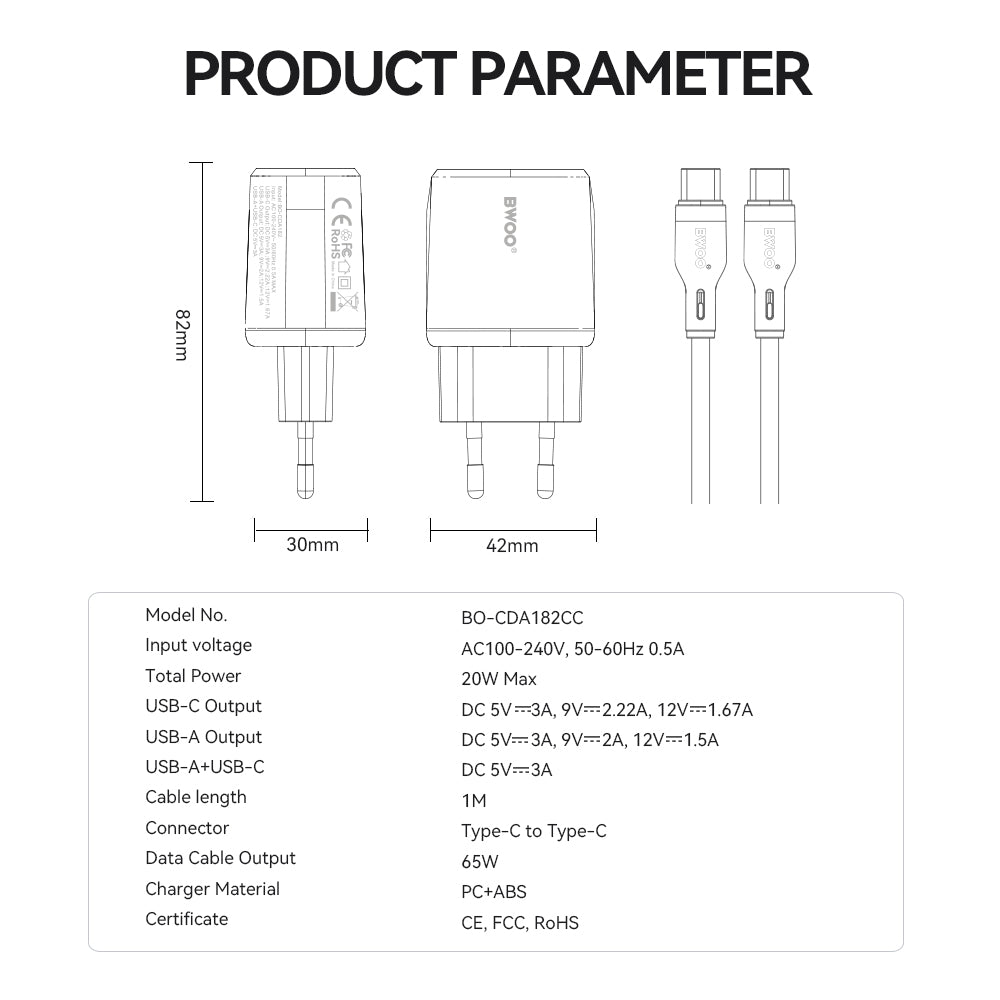 Ładowarka sieciowa z kablem USB-C BWOO CDA182, 38W, 3A, 1 x USB-A - 1 x USB-C, Biała