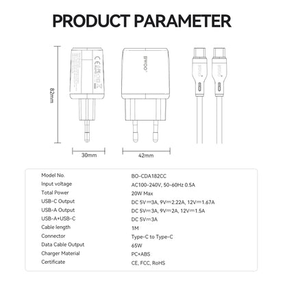 Ładowarka sieciowa z kablem USB-C BWOO CDA182, 38W, 3A, 1 x USB-A - 1 x USB-C, Biała