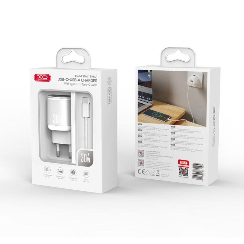Ładowarka sieciowa z kablem USB-C XO Design L151, 30W, 3A, 1 x USB-A - 1 x USB-C, Biała
