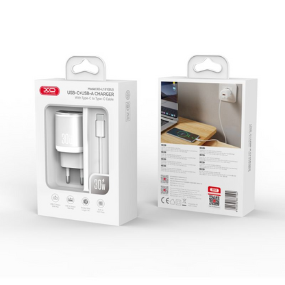 Ładowarka sieciowa z kablem USB-C XO Design L151, 30W, 3A, 1 x USB-A - 1 x USB-C, Biała