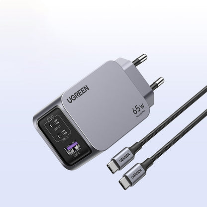 Ładowarka sieciowa z kablem USB-C UGREEN X755 Nexode Pro, 65W, 3A, 1 x USB-A - 2 x USB-C, Szara
