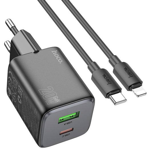 Ładowarka sieciowa z kablem Lightning HOCO N41, 20W, 3A, 1 x USB-A - 1 x USB-C, Czarny