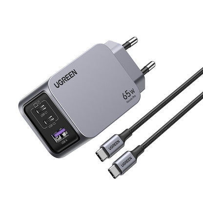 Ładowarka sieciowa z kablem USB-C UGREEN X755 Nexode Pro, 65W, 3A, 1 x USB-A - 2 x USB-C, Szara
