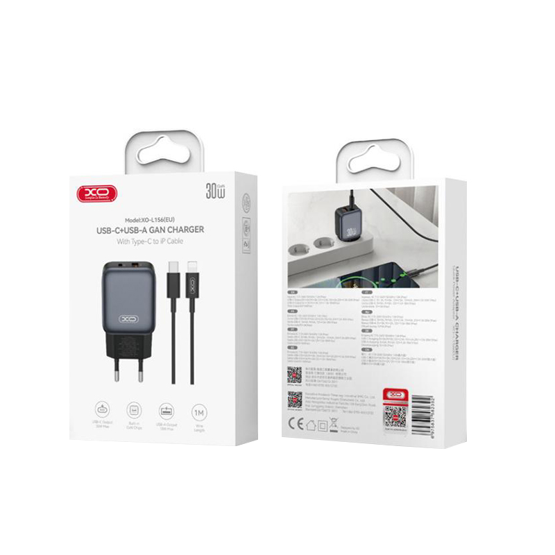 Ładowarka sieciowa z kablem Lightning XO Design L156, 30W, 3A, 1 x USB-A - 1 x USB-C, Czarny